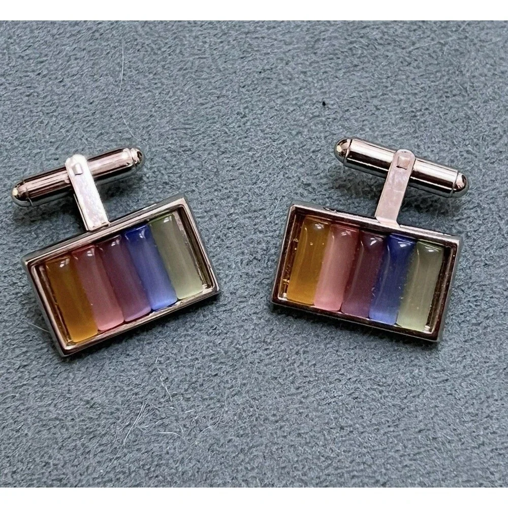 Vintage Beautiful Rainbow Fused Glass Color Rectagle Silver Tone Cufflinks